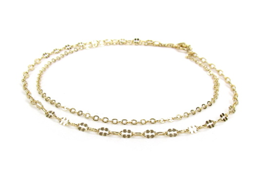 Double Strand Gold Anklet | Cable Chain & Bar Chain Layered Anklet